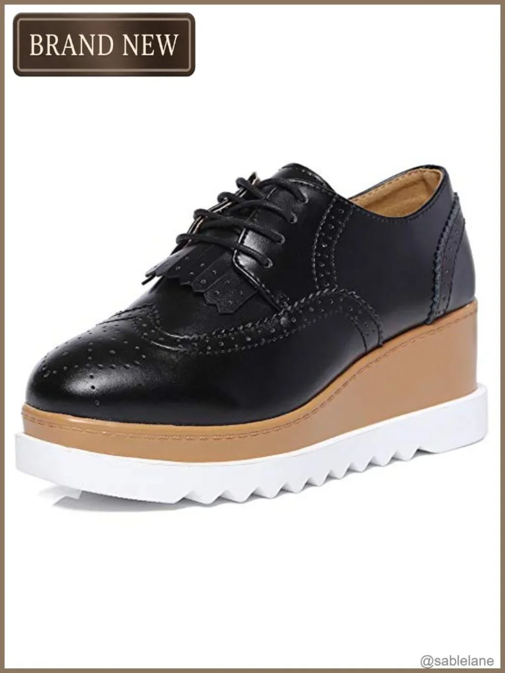 Women's Fashion Oxford Shoes Lace-up Platform Wedge Tassel Square-Toe